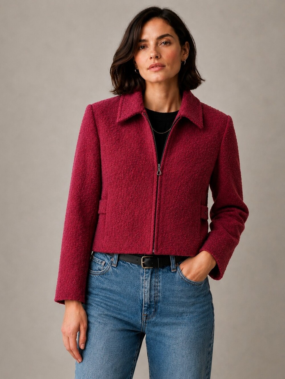 90s Pendleton Red Wool Boucle Cropped Zip Jacket Petite 14